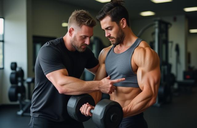 Personal trainer assisting a client with weights